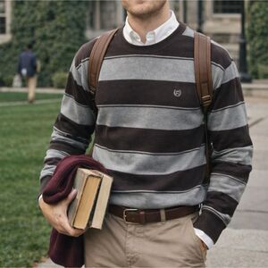 Chaps brown gray striped preppy old money frat long sleeve sweater size xl